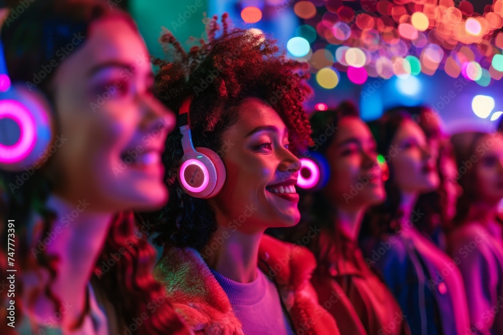 diverse group of people wearing headphones at a silent disco diverse group of people wearing headphones at a silent disco