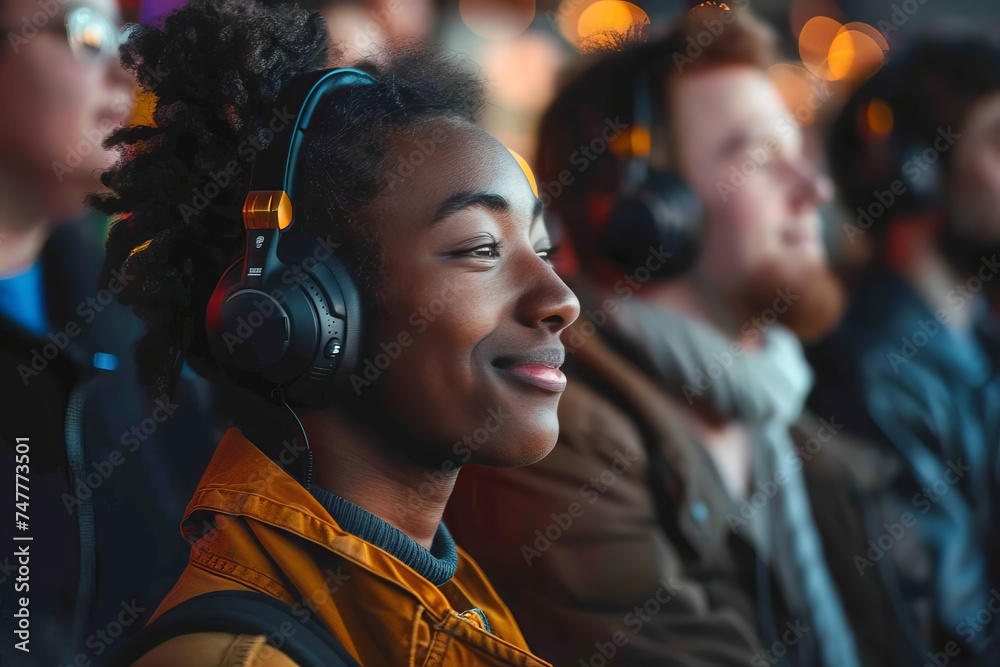 diverse group of people wearing headphones at a silent disco diverse group of people wearing headphones at a silent disco