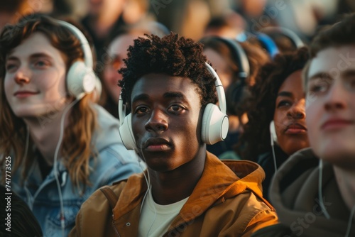 diverse group of people wearing headphones at a silent disco photo