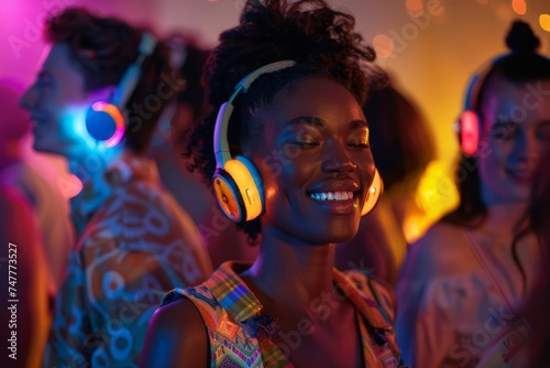 diverse group of people wearing headphones at a silent disco photo