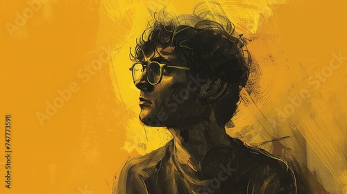 A pensive man with glasses against a yellow background representing contemplation, decision-making, planning, and curiosity, oil painting style © LaxmiOwl