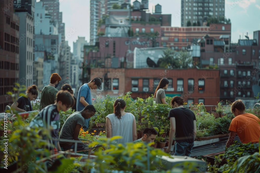 Fototapeta premium diverse group of young people gardening on a rooftop