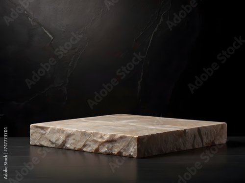 3d luxury natural stone podium for showing packaging and product on black background, ad copy space.