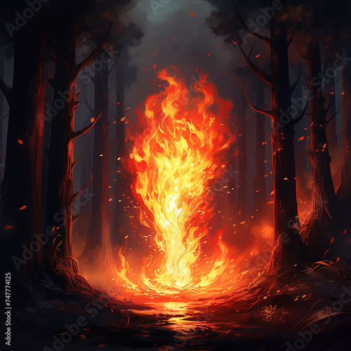 fire in the night, Dramatic Forest Fire Landscape, wildfire burns out of control in a dense forest, creating a scene of devastation and danger, A massive wildfire engulfs a forest, generative ai