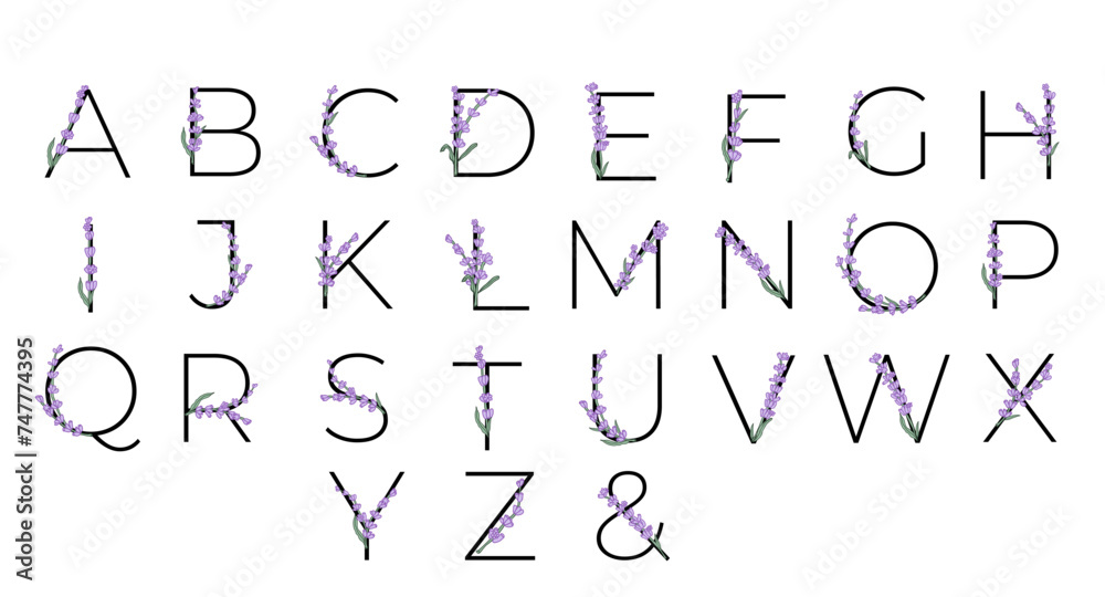 Lavender blossom violet little flower alphabet for design of card or invitation. Vector illustrations, isolated on white background for summer floral gesign - obrazy, fototapety, plakaty 