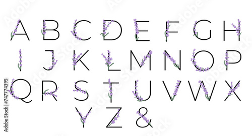 Lavender blossom violet little flower alphabet for design of card or invitation. Vector illustrations, isolated on white background for summer floral gesign photo