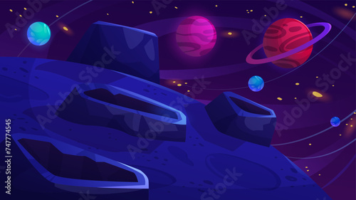 Alien planet surface with craters on background of deep cosmos sky with space bodies. Cartoon vector illustration of cosmic landscape. Fantasy universe object scenery for exploration concept.