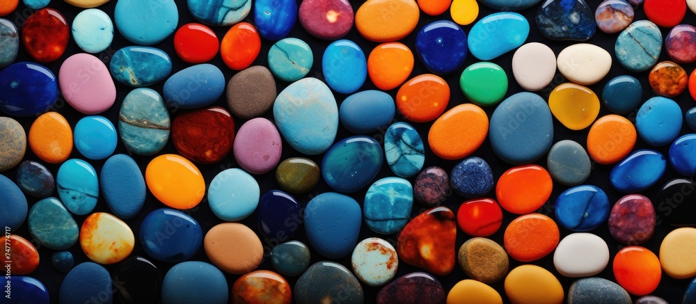This close-up depicts an array of different colored rocks, showcasing their unique textures and patterns against a smooth, colorful background. The stones feature various hues and sizes, This close-up depicts an array of different colored rocks, showcasing their unique textures and patterns against a smooth, colorful background. The stones feature various hues and sizes,