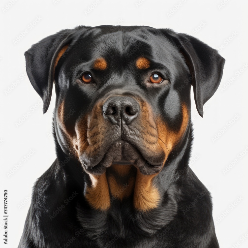 Close-up of a rottweiler dog against a white background.