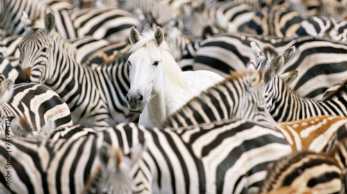 White horse standing out amongst a herd of zebras  individuality  difference and acceptance