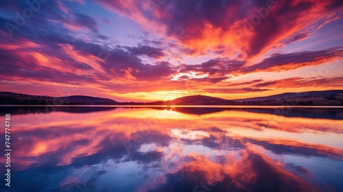 Tranquil lake, ablaze in orange and purple sunset hues. © crazyass