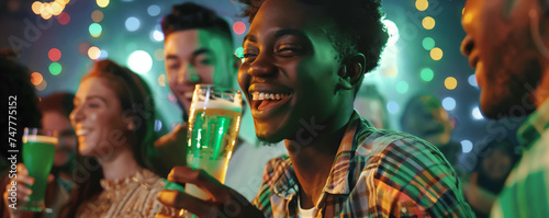 Happy multi ethnic friends drinking and having fun at Saint Patrick's day night club party