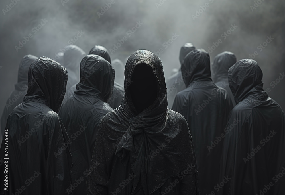 Group of people in black cloaks with hoods, in a mysterious setting. An creepy dramatic atmosphere. - obrazy, fototapety, plakaty 