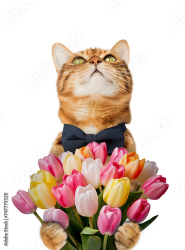 Cat with a bouquet of tulips for birthday, mothers day.