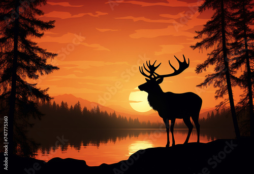Silhouette of a deer in the forest at twilight at sunset by the lake. © Viktar