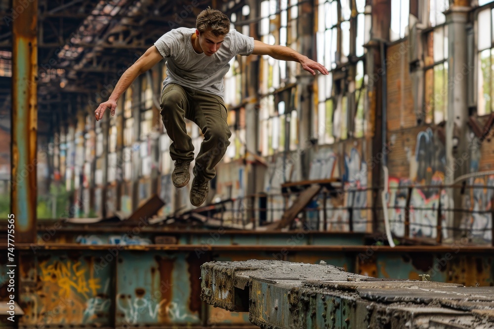 young man parkour in an abandoned industrial building young man parkour in an abandoned industrial building