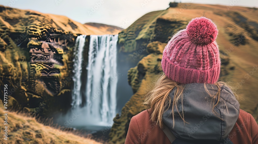 The woman is overlooking the waterfall at Skogafoss, Iceland. SkÃ³gafoss, Ãsland. --ar 16:9 Job ID: 753703c1-0bb3-4dc7-9038-46631eddf314