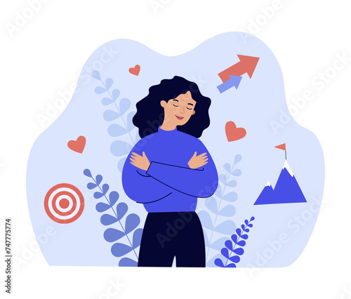 Happy woman hugging herself. Vector illustration. Positive lady expressing self love and care. Love yourself, body positive concept photo