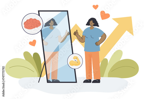 Black lady looking at herself in mirror and showing thumb up. Vector illustration. Brains, hearts and growing arrow.  Narcissist lady concept