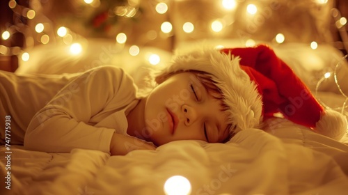 A young child peacefully sleeps on a bed wearing a Santa hat.