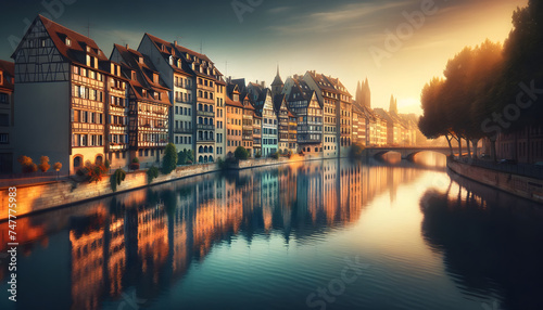 a serene riverside scene in a European city. The river calmly flows  mirroring the facades of a row of traditional buildings along its bank