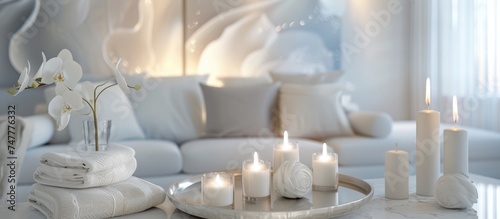 This living room is filled with an abundance of white furniture, including sofas, chairs, tables, and shelves. The room is illuminated by twinkling candles, creating a serene and elegant atmosphere.