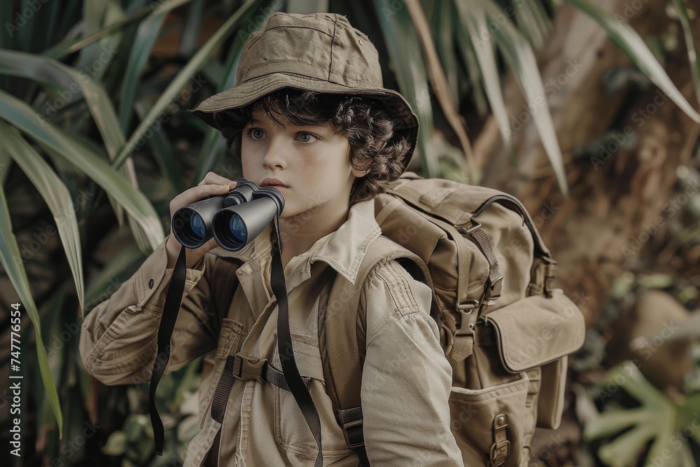 Boy wearing explorer costume holding binoculars