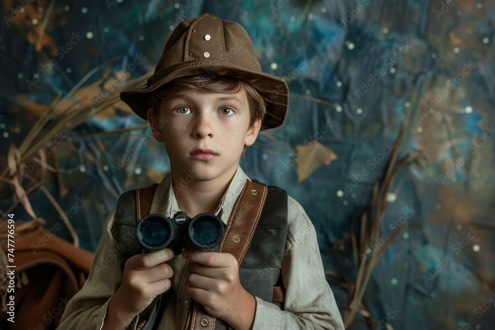 Boy wearing explorer costume holding binoculars