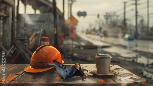view of a cup coffe in the constrution area with helmet safety, seamless looping 4k time-lapse, animation video photo