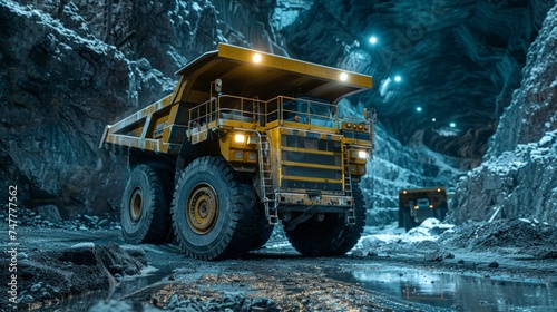 Large quarry dump truck. Big yellow mining truck at work site. Loading coal into body truck. Production useful minerals. Mining truck mining machinery to transport coal from open-pit production.