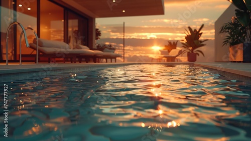 Luxurious pool area at sunset with shimmering waters and inviting loungers © sopiangraphics