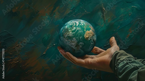 The environmentalist's hand holds the green earth, symbolizing sustainable living. 