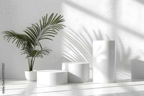 Minimalist White Planters and Cylinders in Tropical Setting photo