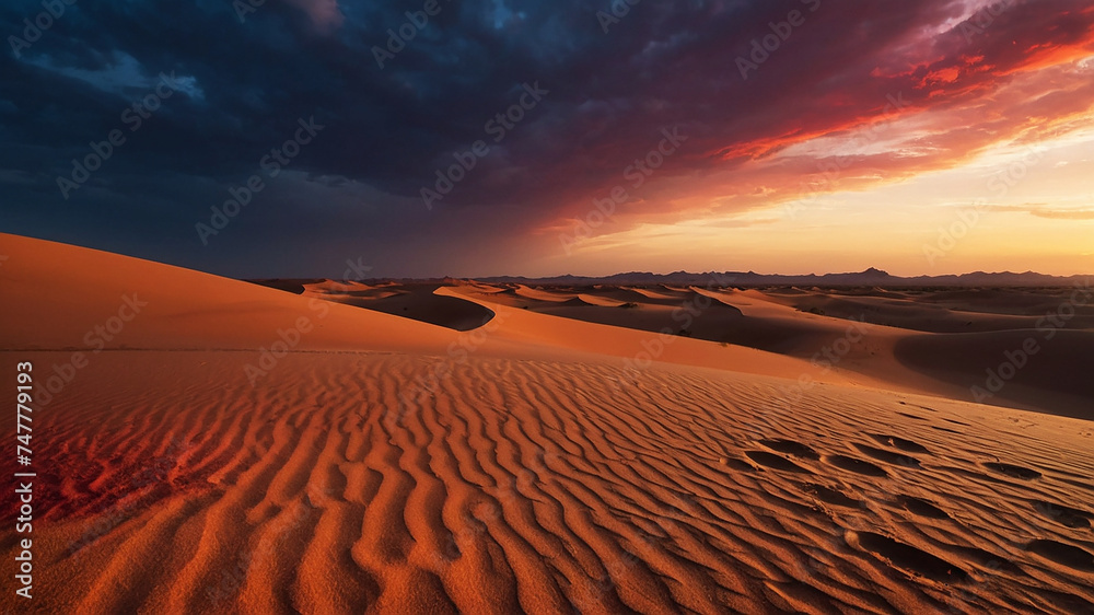 Dessert kind of sahara type, never ending dunes but of different shades of red, photorealistic 4K, combined with an amazing sky and some clud shadows, surreal paradise

