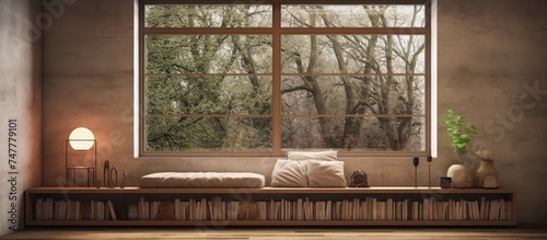 A room with a couch placed by a bookshelf, showcasing a large window that brings in natural light. The cozy setting is perfect for reading and relaxation.