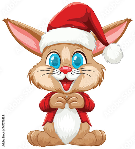 Cute rabbit dressed in Christmas attire smiling.