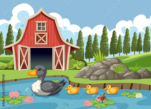 Mother duck with ducklings by the pond near barn