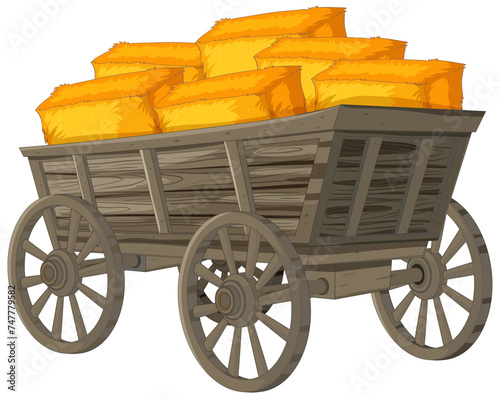 Old-fashioned cart filled with golden hay bales.