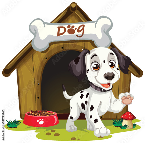 Cheerful spotted puppy outside its wooden kennel.