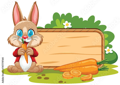 Adorable rabbit sitting by a wooden signboard.