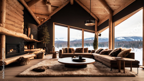 A double-height ceiling living room with a large, floor-to-ceiling window on one side log cabin. Outside is a dark snow-covered landscape. © PixelBook