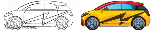 Vector illustration of a car from concept to colorful design.