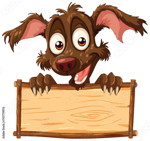 Cartoon dog peeking over a blank wooden sign.