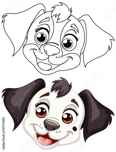Cartoon puppy faces with expressive eyes and smiles.