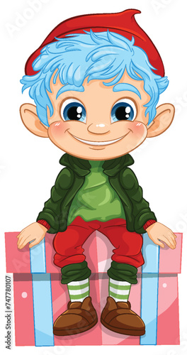 Colorful illustration of a happy elf on a present.