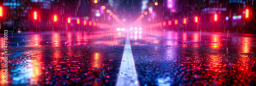 Rainy Night Street Scene, Blurred Lights and Wet Asphalt, Urban Landscape with Moving Cars, Dark and Moody Atmosphere, City Life and Transportation in Twilight photo
