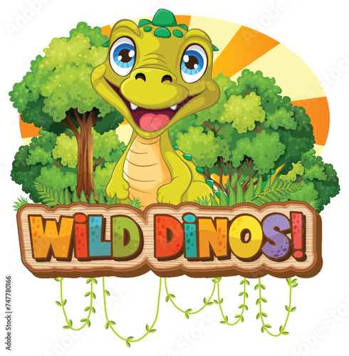 Happy cartoon dinosaur with a vibrant backdrop