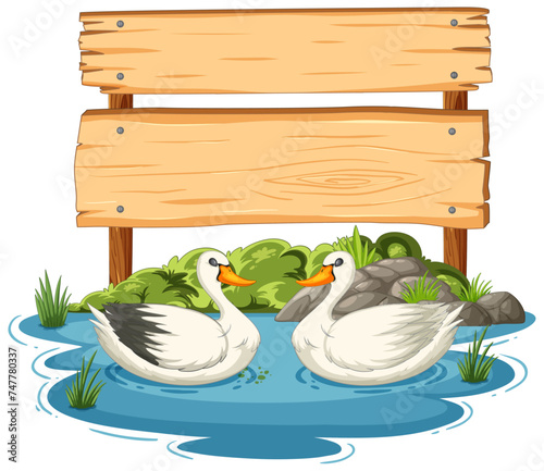 Two cartoon ducks near a blank wooden sign.