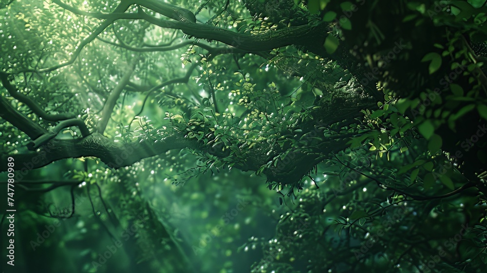 Explore a green world with a tree background. 