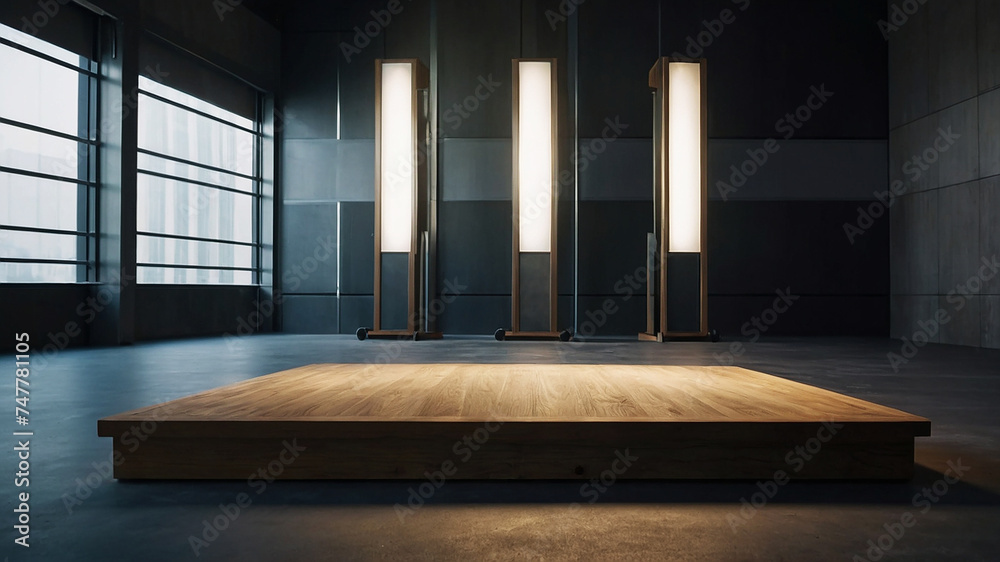 podium, large angle of inclination of the podium, large surface of the podium, light wall in the background, a lot of light, glare, realism, real photo, high angle shot, cinematic light

 - obrazy, fototapety, plakaty 